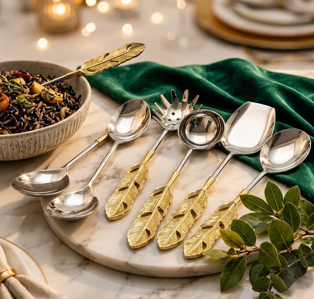 Brass leaf handle serving set of 6