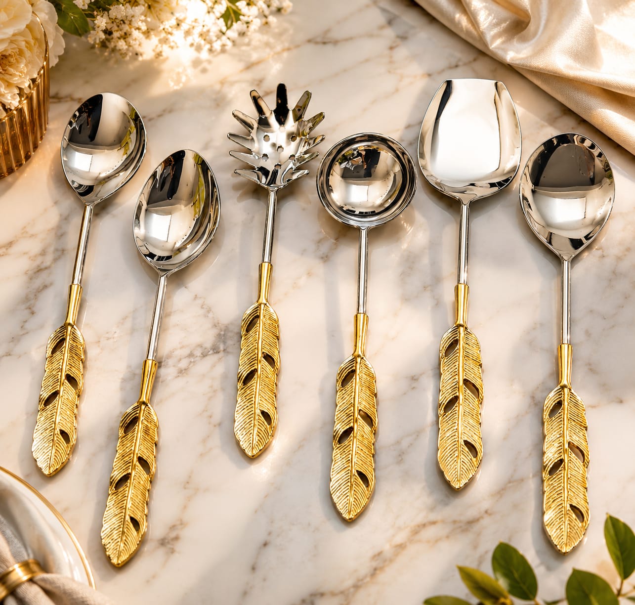 Brass leaf handle serving set of 6